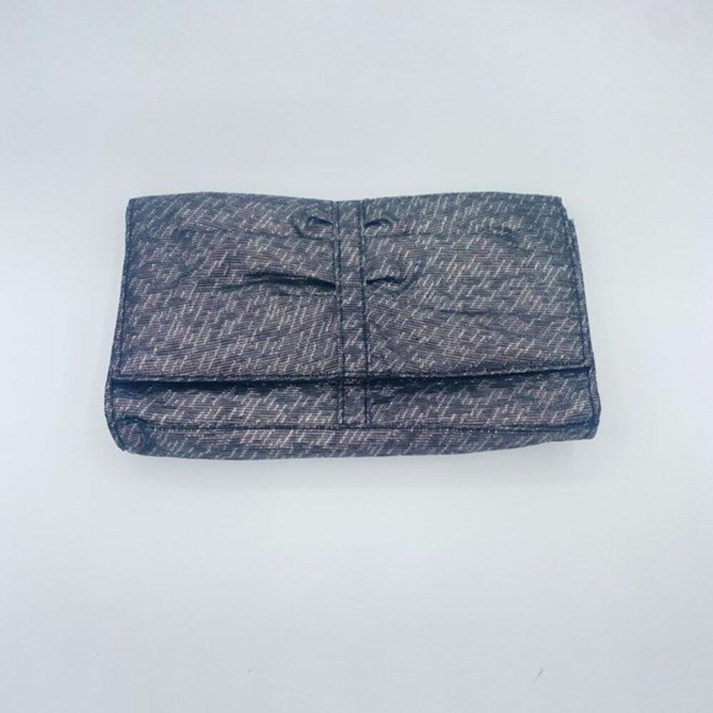 Lancome Silver Metallic Woven Fold-Over Magnetic Snap Button Clutch Wallet Purse